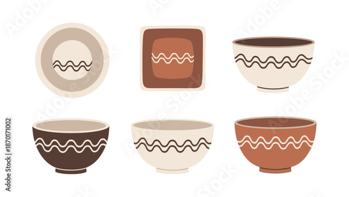 Set of Six Ceramic Bowls and Dishes with Traditional Wave Pattern Designs