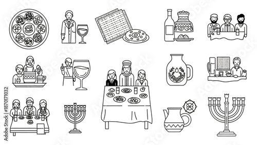 Jewish Holiday Icons: Passover Seder, Matzah, Wine, and Menorah Collection