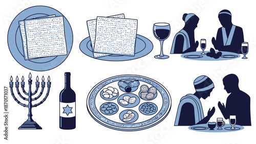 Passover Seder Symbols and Family Gathering Illustration in Blue Tones