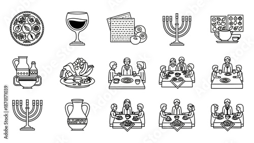 Jewish Holiday Icons: Seder Plate, Matzah, Wine, and Menorah Symbols