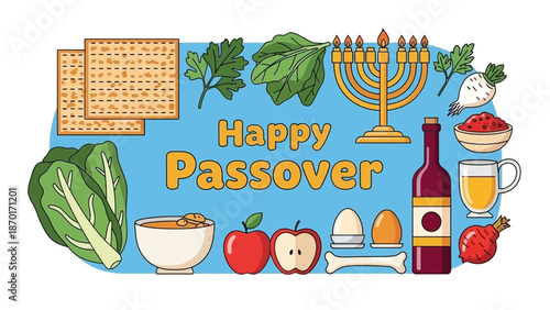 Happy Passover greeting with traditional Seder plate items and symbols, festive design