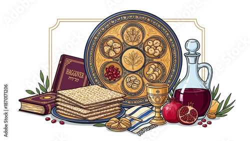 Passover Seder Plate, Matzah, Wine, and Haggadah Book for Jewish Holiday