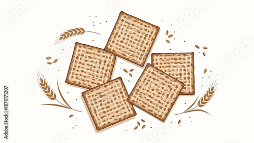 Flat illustration of five matzah crackers with wheat ears and grains on a light background