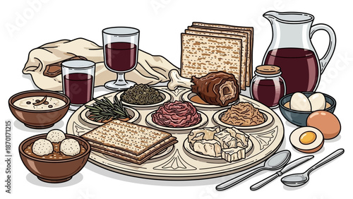 Passover Seder Plate with Matzah, Wine, and Symbolic Foods for Jewish Holiday
