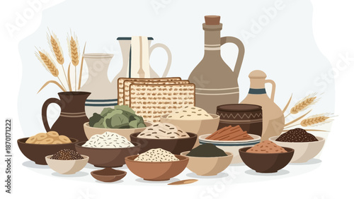 Assortment of Grains, Seeds, and Food Items in Bowls with Pottery and Wheat Stalks