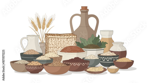 Assortment of Grains, Matzah, Olive Oil and Other Foods in Bowls, Representing Harvest