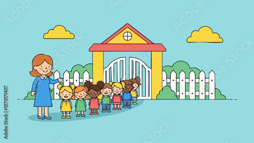 Teacher and diverse group of children walking in a line.