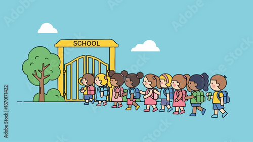 Children walking to school with backpacks and school gate in the background.