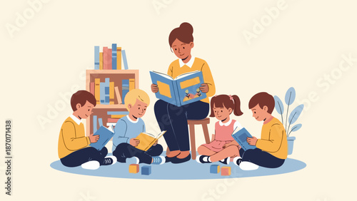 Teacher Reading to Children in a Classroom Setting.
