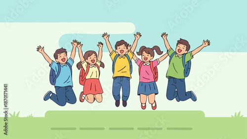 Excited School Children Jumping with Backpacks in a Cartoon Style Illustration.