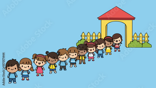 Children standing in a line waiting to enter the school building.