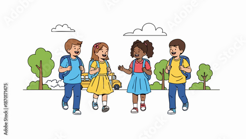 Group of School Children Walking Together After School.