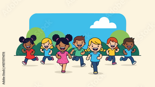 Group of diverse children running and playing outdoors in a park.
