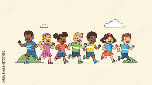 Diverse Group of Children Running and Playing Together Happily Outdoors.