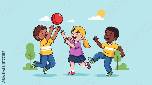 Children Playing with a Ball Outdoors, Joyful Childhood Activities.
