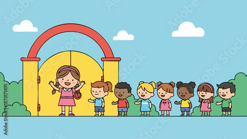 Teacher and Diverse Group of Children at School Entrance.