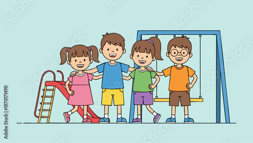 Four Children Enjoying a Playground Together in a Colorful Illustration.