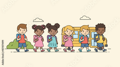 Group of diverse children walking to school with backpacks and smiles.