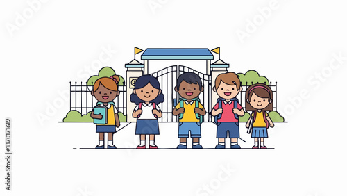 Group of Diverse Students Standing in Front of School Gate.