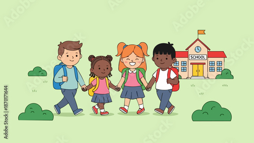 Diverse group of children walking to school together holding hands.
