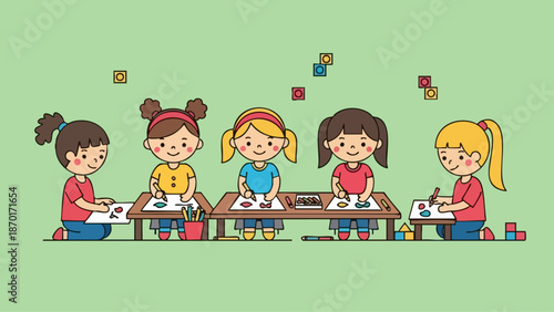 Group of Young Girls Engaged in Arts and Crafts Activity.
