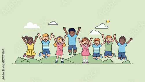 Diverse group of happy children jumping together outdoors.