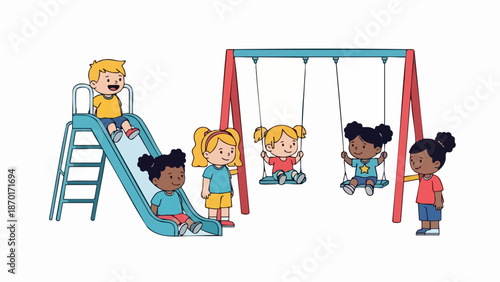 Children playing on playground equipment having fun outdoors.