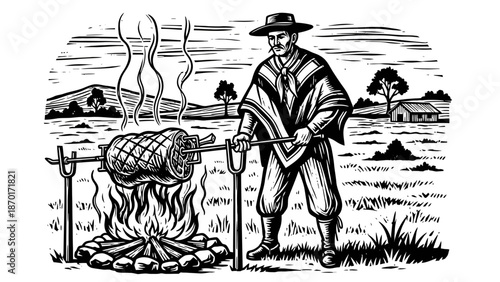 Traditional South American Gaucho Roasting Meat Asado Over Open Fire Rustic Landscape