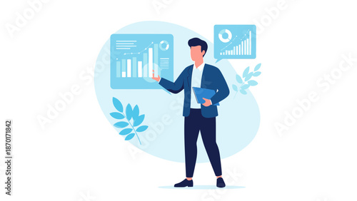 Businessman presenting data on digital screens.