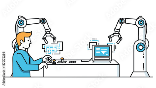 Man Working with Robotic Arms and Computer.