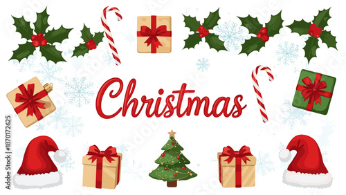 Christmas decorations and symbols including gifts trees and hats