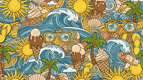 Vibrant summer seamless pattern with tropical waves palm trees ice cream and sunny days