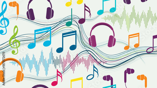 Colorful music notes and headphones on with sound waves