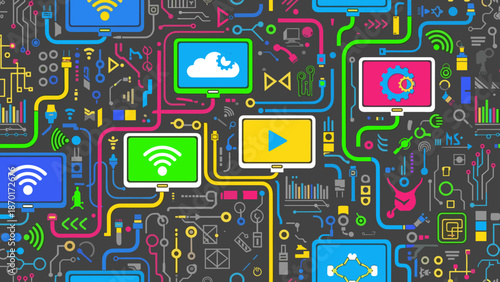 Colorful circuit board with various technology and media icons on a complex background