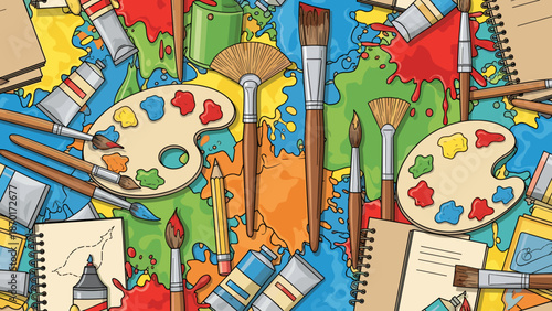 Colorful artistic supplies and painting tools scattered together on a table top surface