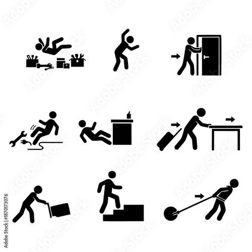 Set of stickman silhouette icons showing various human activities such as sitting, walking, working, workout, lift, push and using stairs for safety and infographics