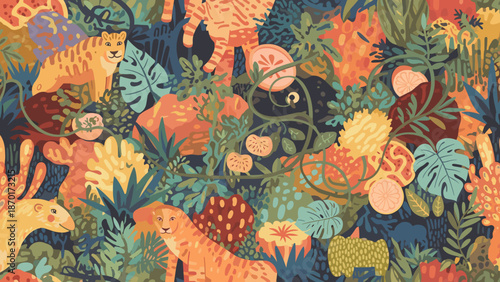Vibrant jungle scene with exotic plants and animals in a colorful ecosystem
