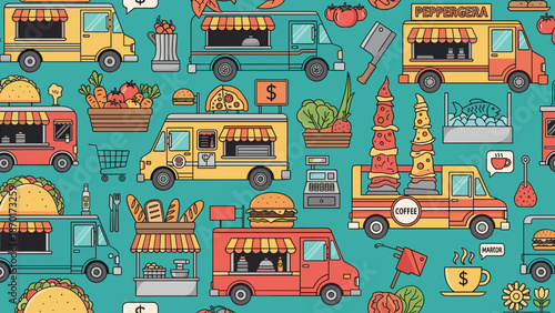 Colorful illustration of food trucks and various food items on a teal background with a lively atmosphere and many details