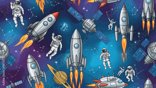 Colorful illustration of rockets and astronauts in space with stars and satellites