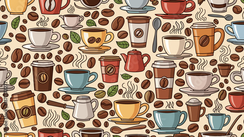 Colorful coffee cups and coffee beans pattern on beige background