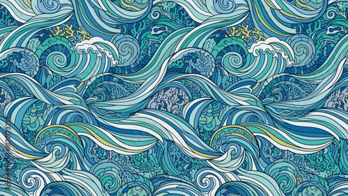 Vibrant swirling ocean waves in shades of blue and white with yellow accents