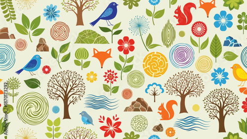 Colorful whimsical pattern with trees flowers birds and swans on beige background