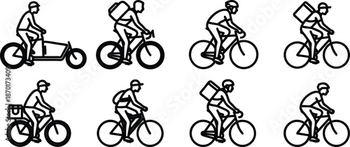 Black and white illustrations of cyclists riding bicycles in various poses and outfits