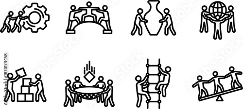 Black line icons of people working together on various projects and tasks in a team