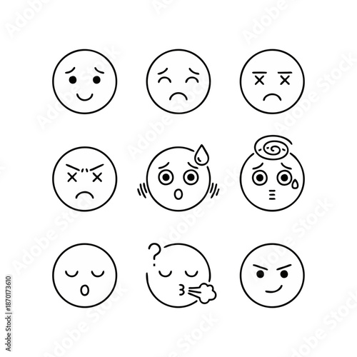 A diverse collection of simple, black and white line art emoticons showcasing a wide spectrum of human emotions and facial expressions, perfect for digital communication and graphic design