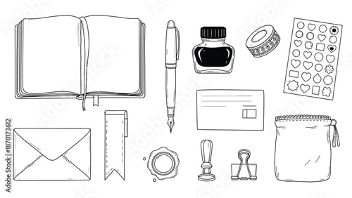 Hand drawn stationery and office supplies illustration set.
