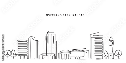 Overland Park, Kansas City Skyline Continuous One Line Drawing Illustration