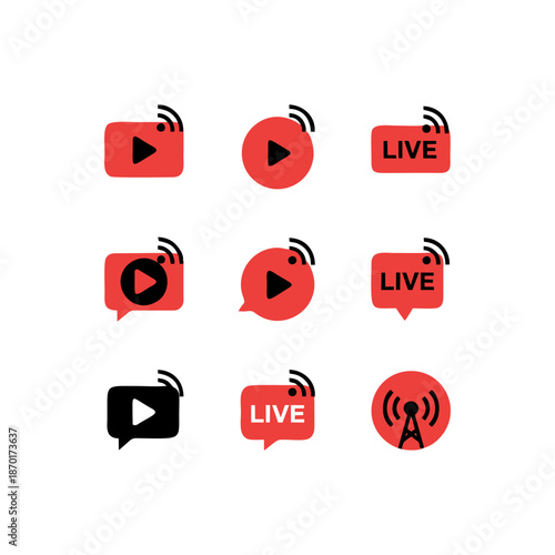 Essential collection of vibrant vector icons for live streaming, broadcasting, and online media, ideal for modern digital interfaces and multimedia applications