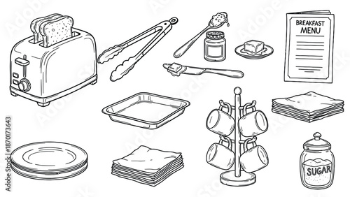 Black and white kitchen utensils and appliances illustration.
