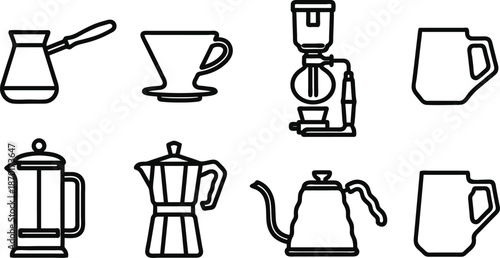 Coffee maker kettle cup icons in outline style  various coffee brewing devices